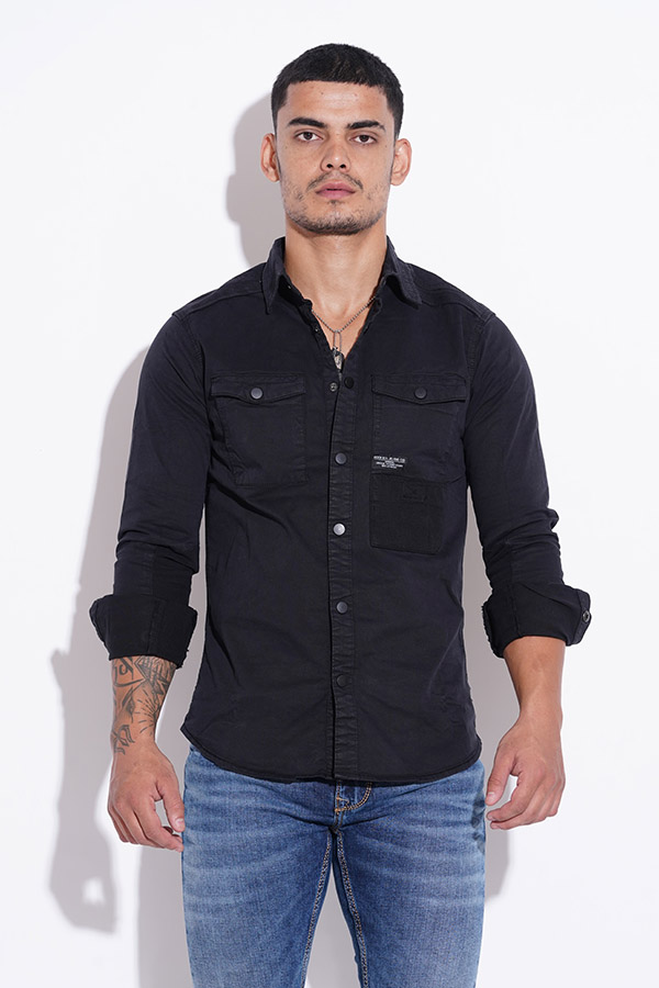 BLACK FULL SLEEVE COTTON CASUAL SHACKET SHIRT