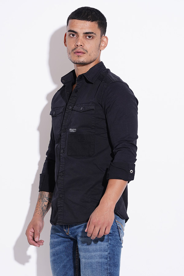 BLACK FULL SLEEVE COTTON CASUAL SHACKET SHIRT