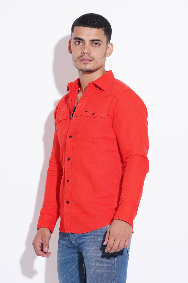 RED FULL SLEEVE COTTON CASUAL SHACKET SHIRT