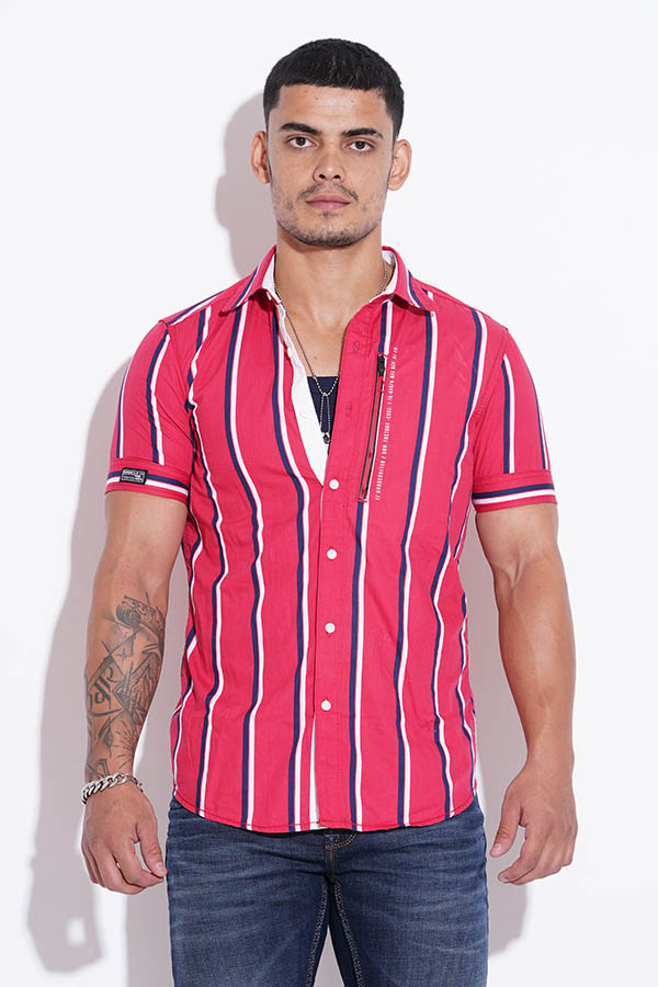 RED HALF SLEEVE STRIPE CASUAL SHIRT