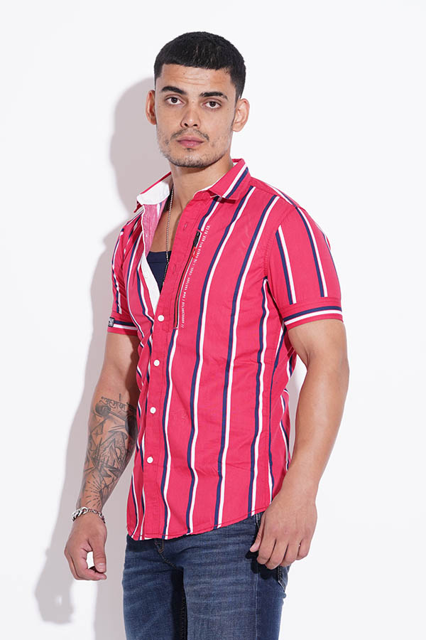 RED HALF SLEEVE STRIPE CASUAL SHIRT