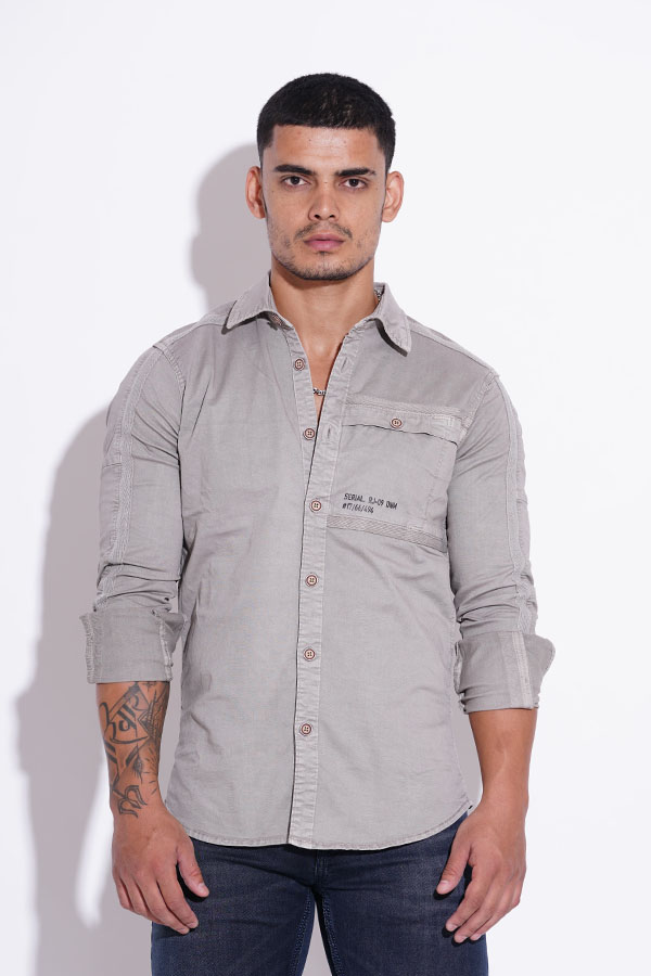 CLAY GREY FULL SLEEVE COTTON CASUAL SHACKET SHIRT