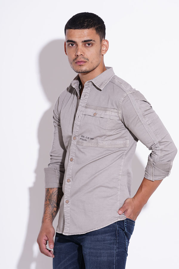 CLAY GREY FULL SLEEVE COTTON CASUAL SHACKET SHIRT