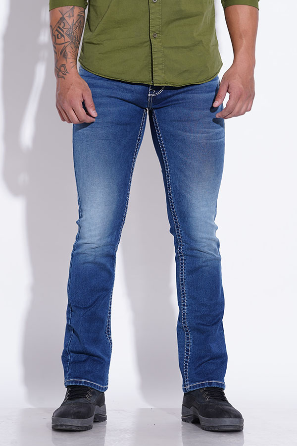 MED BLUE 5 POCKET SLIM FIT LOW RISE BOOT LEG JEANS