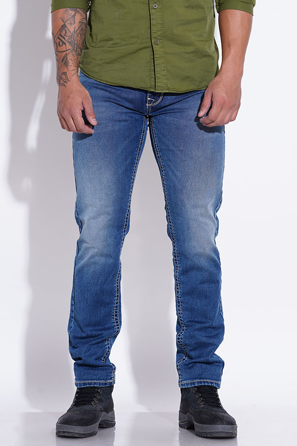 MED BLUE 5 POCKET MIDRISE REGULAR AND STREIGHT FIT JEANS