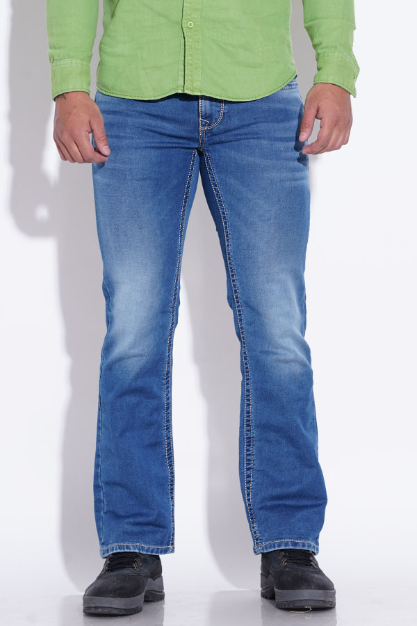 MED BLUE 5 POCKET SLIM FIT LOW RISE BOOT LEG JEANS