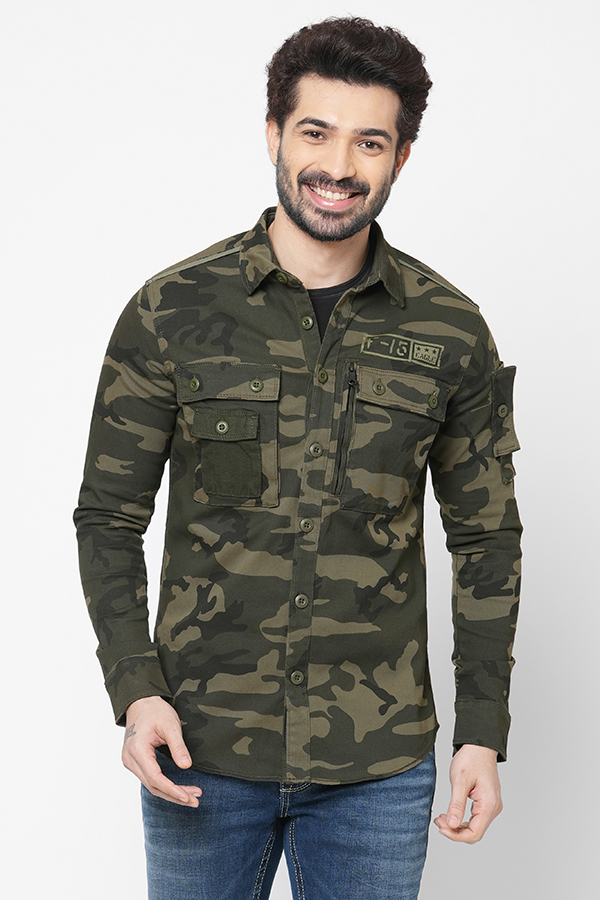 GREEN FULL SLEEVE CAMO PRINT SHACKET SHIRT