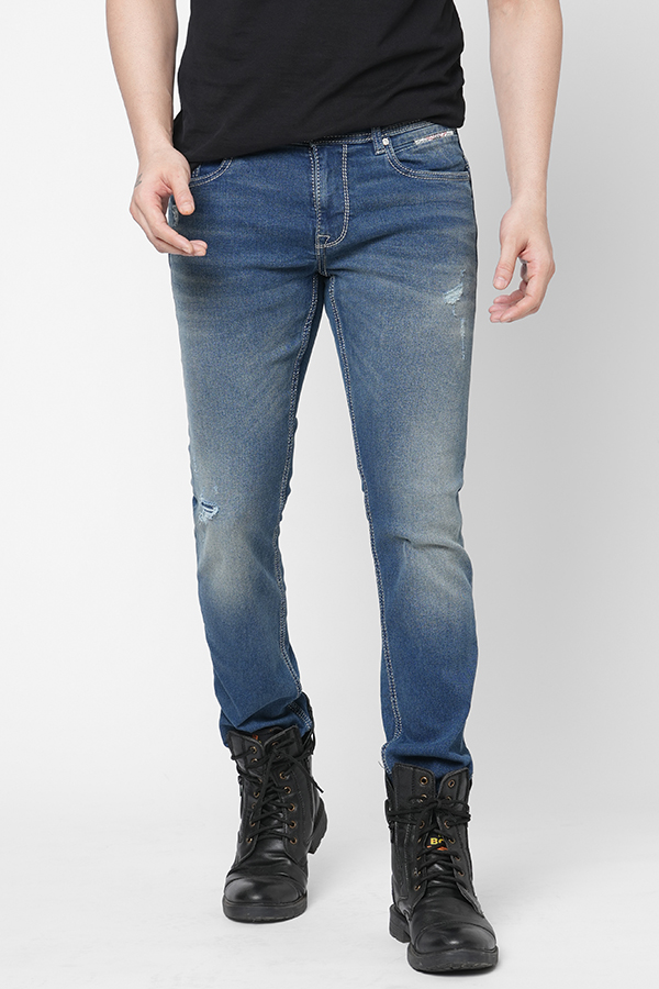 MED BLUE 5 POCKET MID-RISE NARROW FIT JEANS