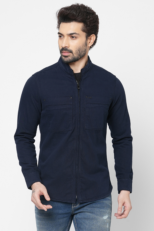 NAVY FULL SLEEVE COTTON ZIPPER SHACKET SHIRT