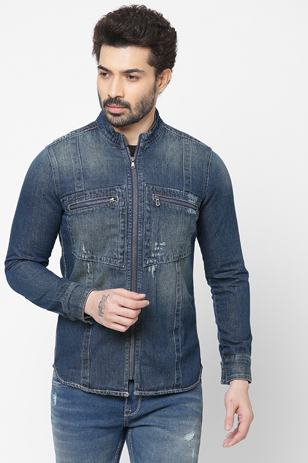 MED BLUE FULL SLEEVE DENIM ZIPPER SHACKET SHIRT