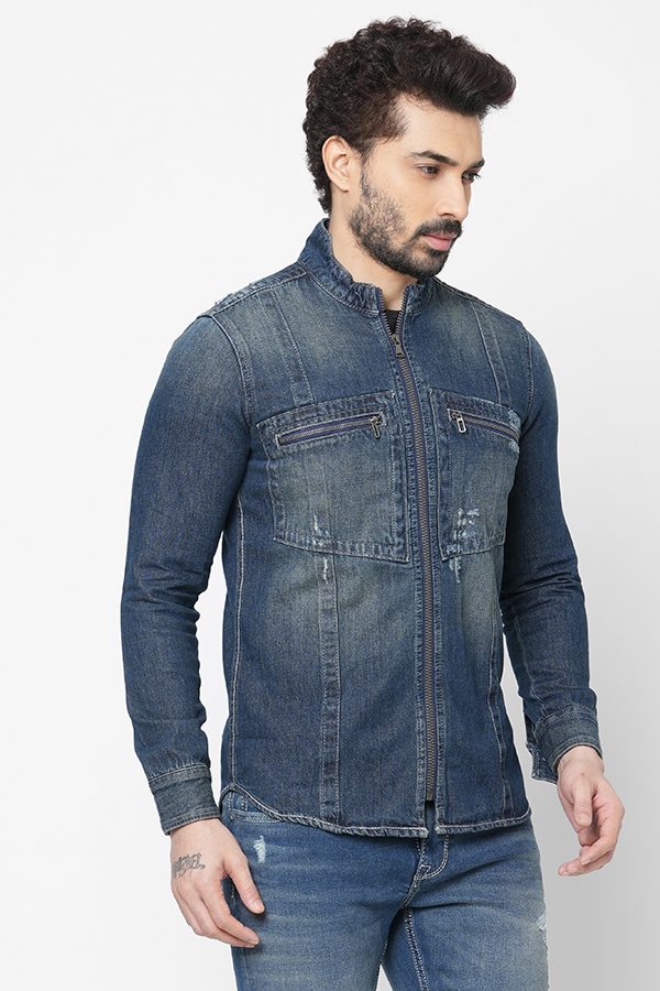 MED BLUE FULL SLEEVE DENIM ZIPPER SHACKET SHIRT