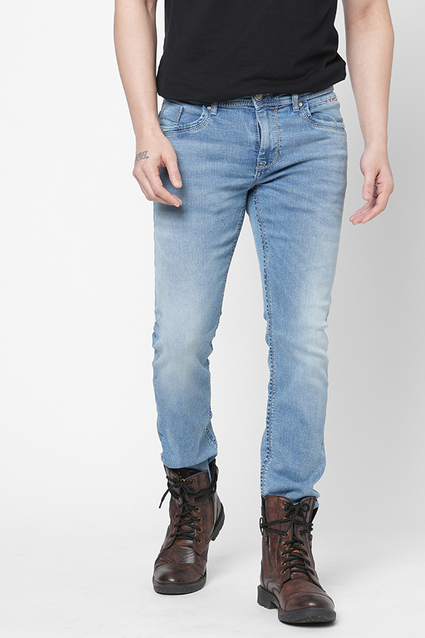 LT BLUE 5 POCKET MID-RISE NARROW FIT JEANS