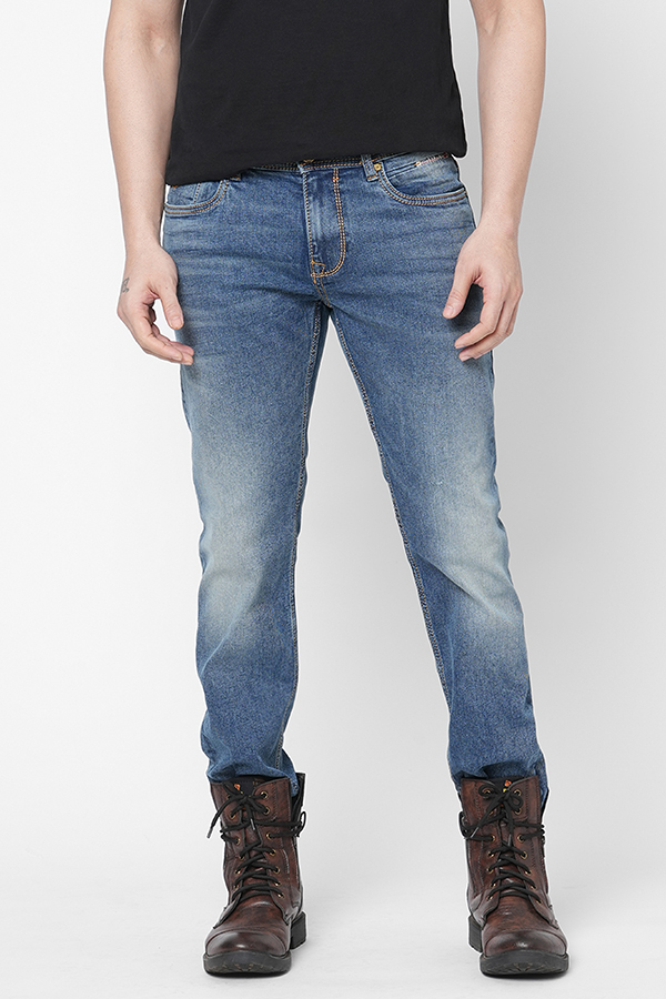 MED BLUE 5 POCKET MID-RISE NARROW FIT JEANS