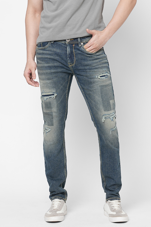 MED BLUE 5 POCKET MID-RISE NARROW FIT JEANS