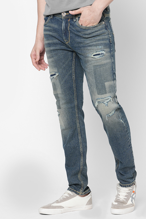 MED BLUE 5 POCKET MID-RISE NARROW FIT JEANS