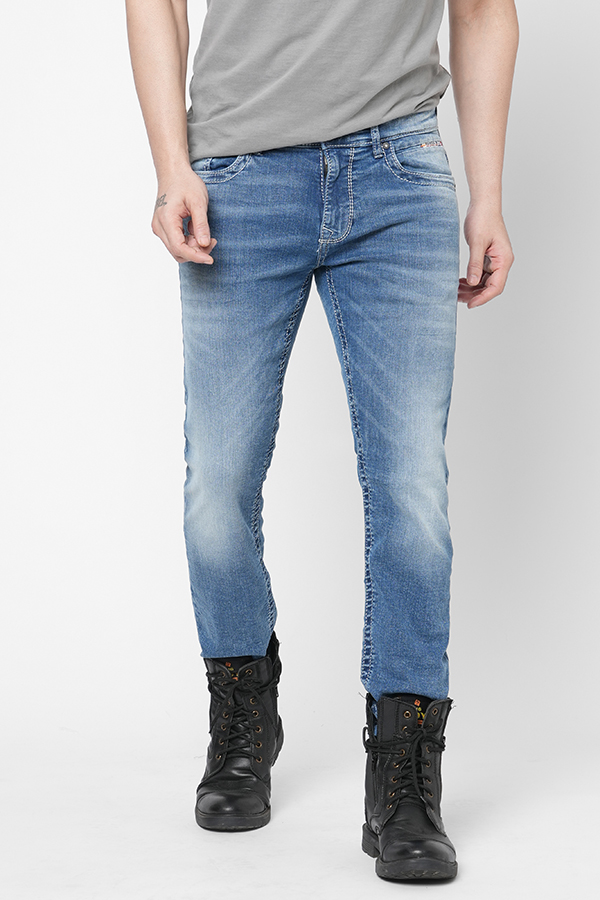 LT BLUE 5 POCKET MID-RISE NARROW FIT JEANS