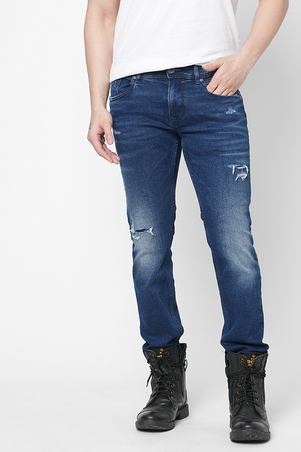 MED BLUE 5 POCKET MID-RISE NARROW FIT JEANS