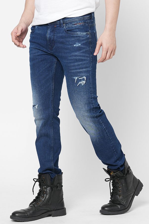 MED BLUE 5 POCKET MID-RISE NARROW FIT JEANS