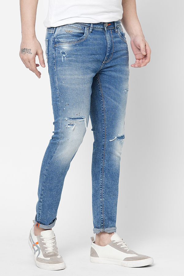 MED BLUE 5 POCKET LOW-RISE TAPERED ANKLE LENGTH JEANS