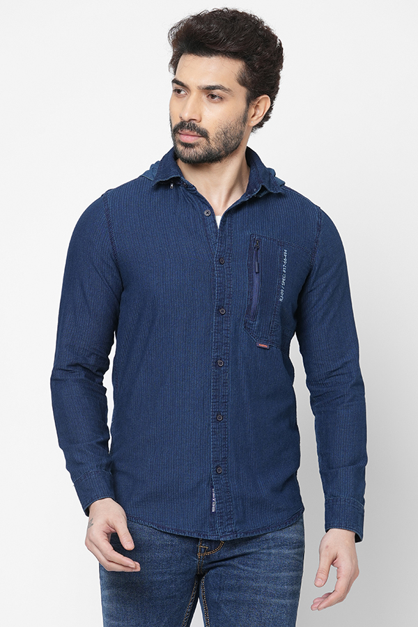 NAVY FULL SLEEVE DENIM HOODIE SHIRT