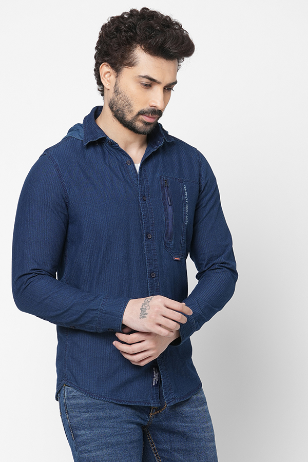 NAVY FULL SLEEVE DENIM HOODIE SHIRT