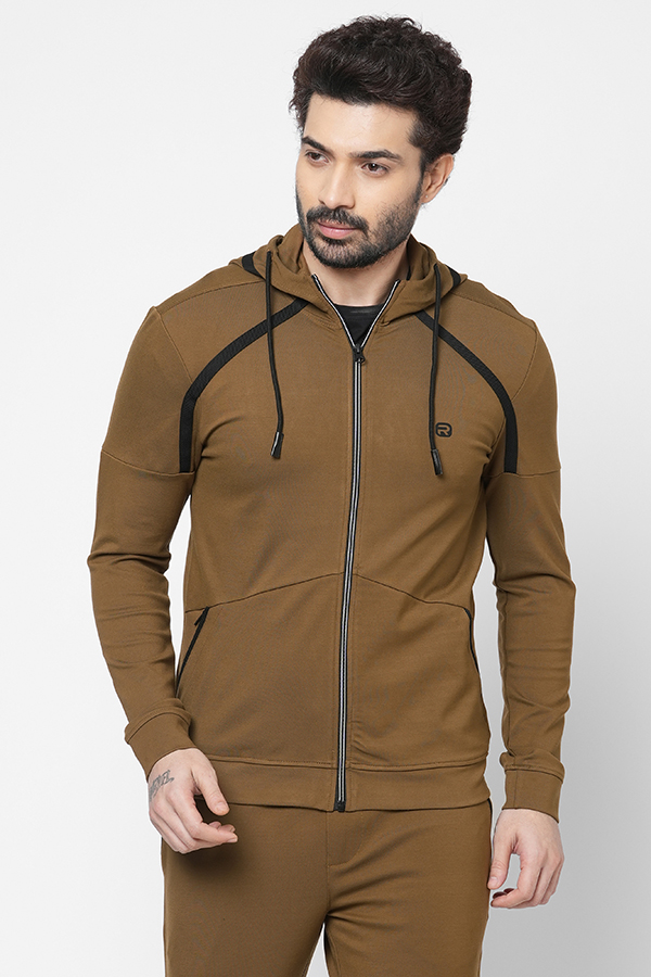 BROWN SLIM FIT HOODED ATHLEISURE JACKET