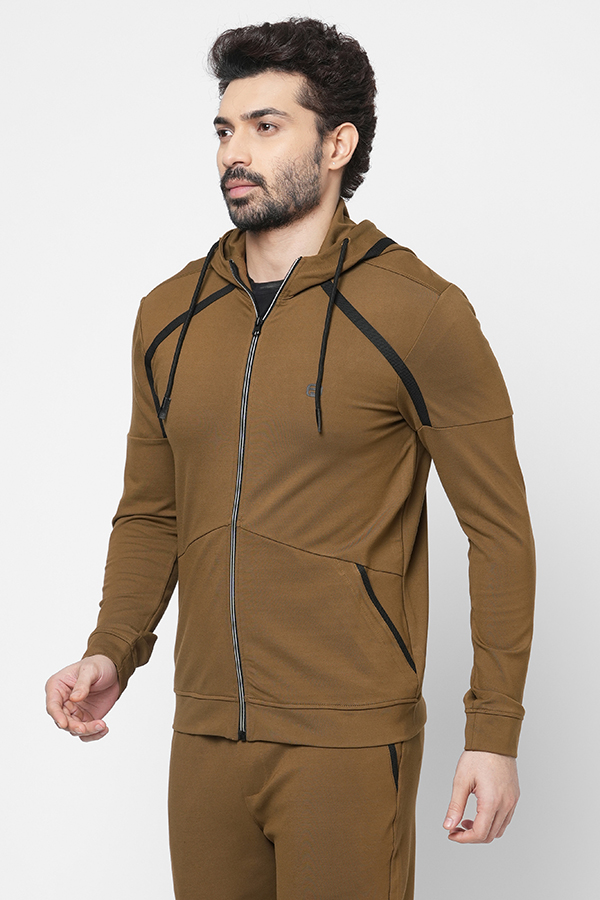 BROWN SLIM FIT HOODED ATHLEISURE JACKET