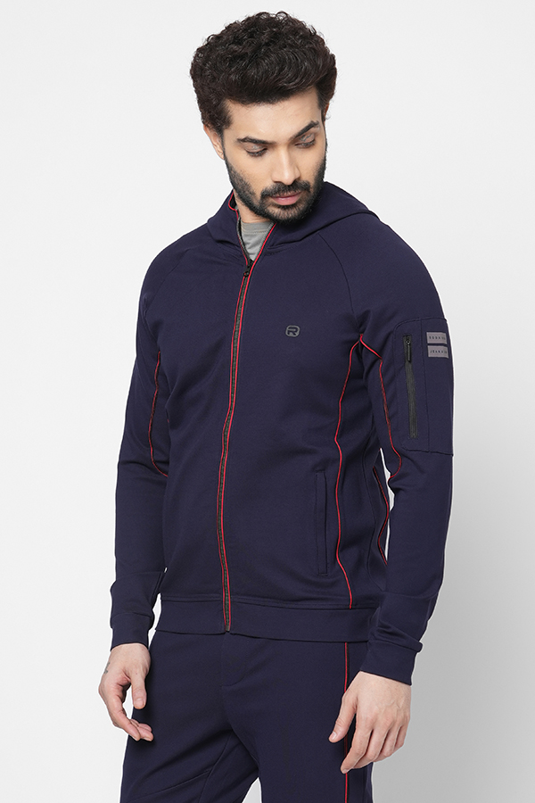 NAVY SLIM FIT HOODED ATHLEISURE JACKET