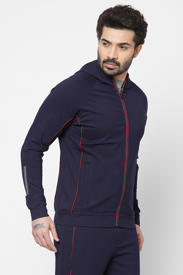 NAVY SLIM FIT HOODED ATHLEISURE JACKET