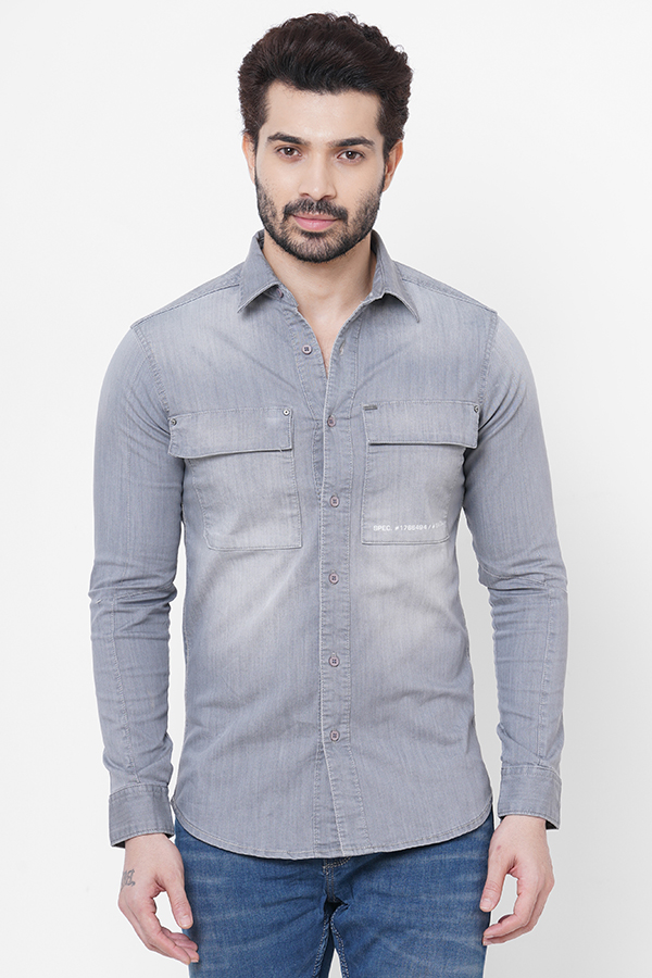 LT GREY FULL SLEEVE DENIM SHACKET SHIRT