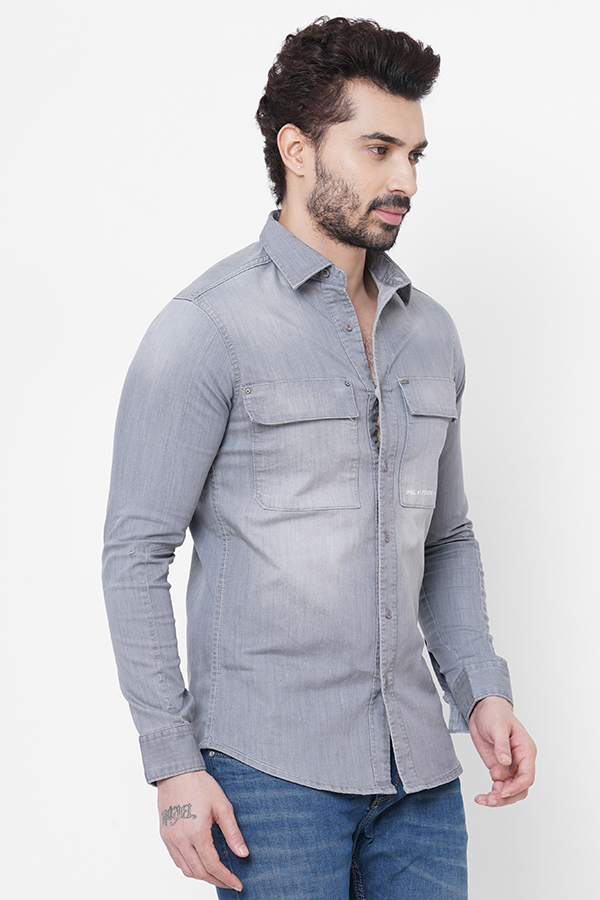 LT GREY FULL SLEEVE DENIM SHACKET SHIRT