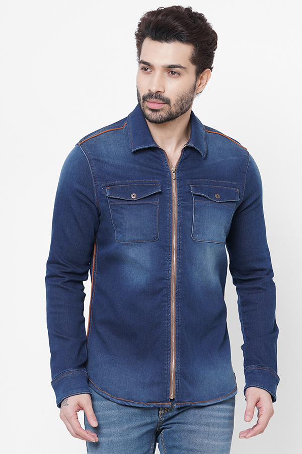 DK BLUE FULL SLEEVE DENIM ZIPPER SHACKET SHIRT