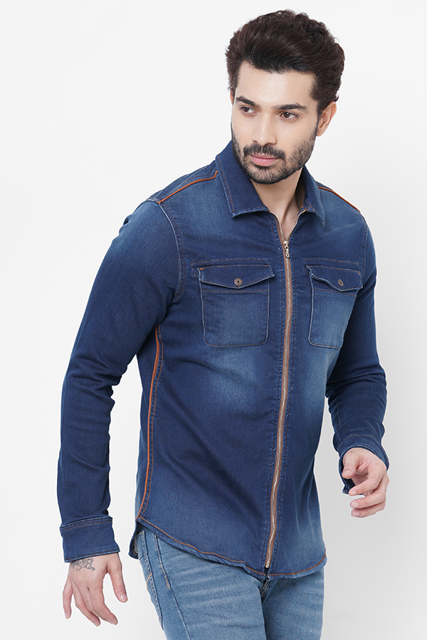 DK BLUE FULL SLEEVE DENIM ZIPPER SHACKET SHIRT