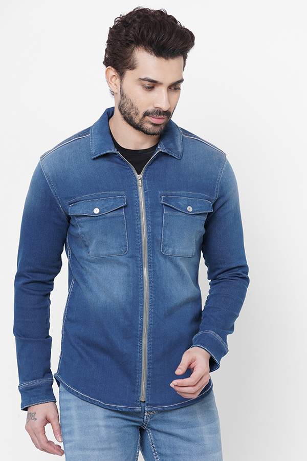 MED BLUE FULL SLEEVE DENIM ZIPPER SHACKET SHIRT