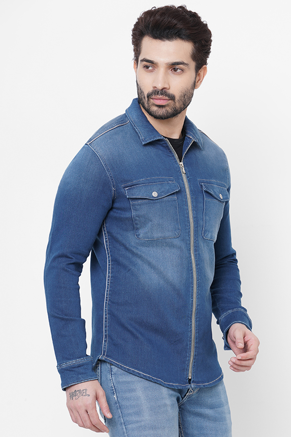 MED BLUE FULL SLEEVE DENIM ZIPPER SHACKET SHIRT