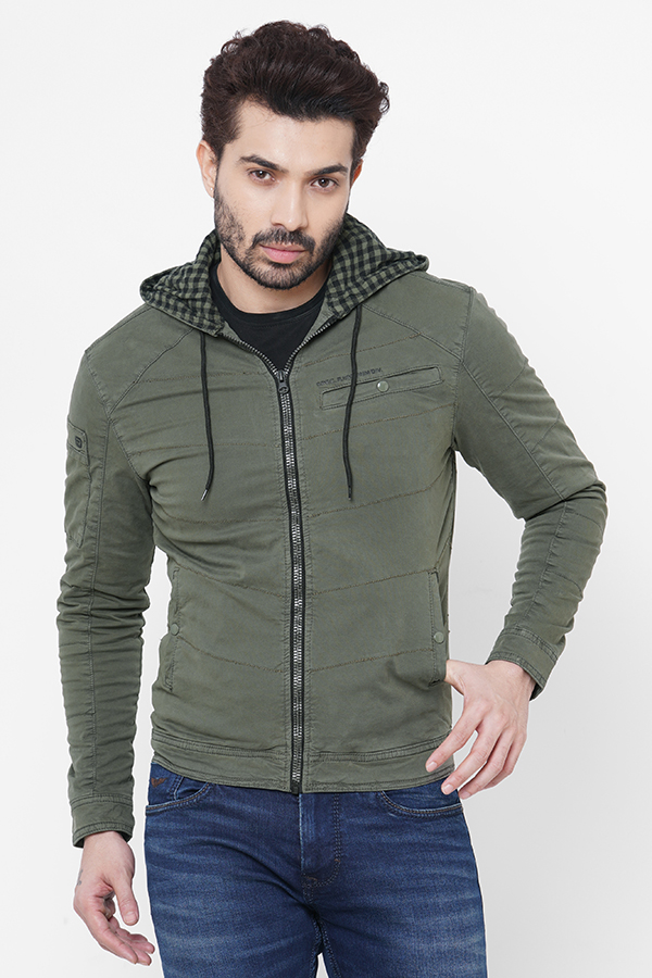 OLIVE FULL SLEEVE COTTON ZIPPER HOODIE JACKET