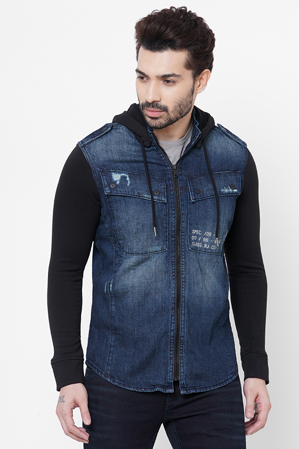 DK BLUE FULL SLEEVE DENIM HOODIE SHACKET SHIRT