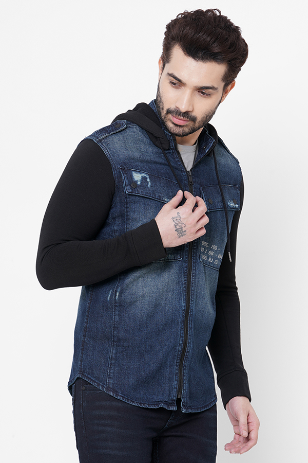 DK BLUE FULL SLEEVE DENIM HOODIE SHACKET SHIRT