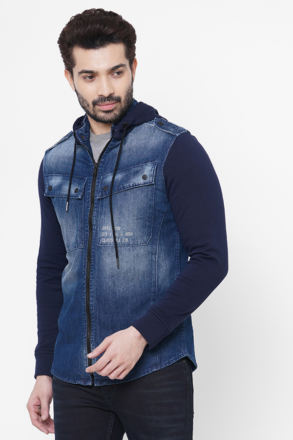 MED BLUE FULL SLEEVE DENIM HOODIE SHACKET SHIRT