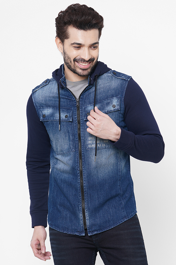 MED BLUE FULL SLEEVE DENIM HOODIE SHACKET SHIRT