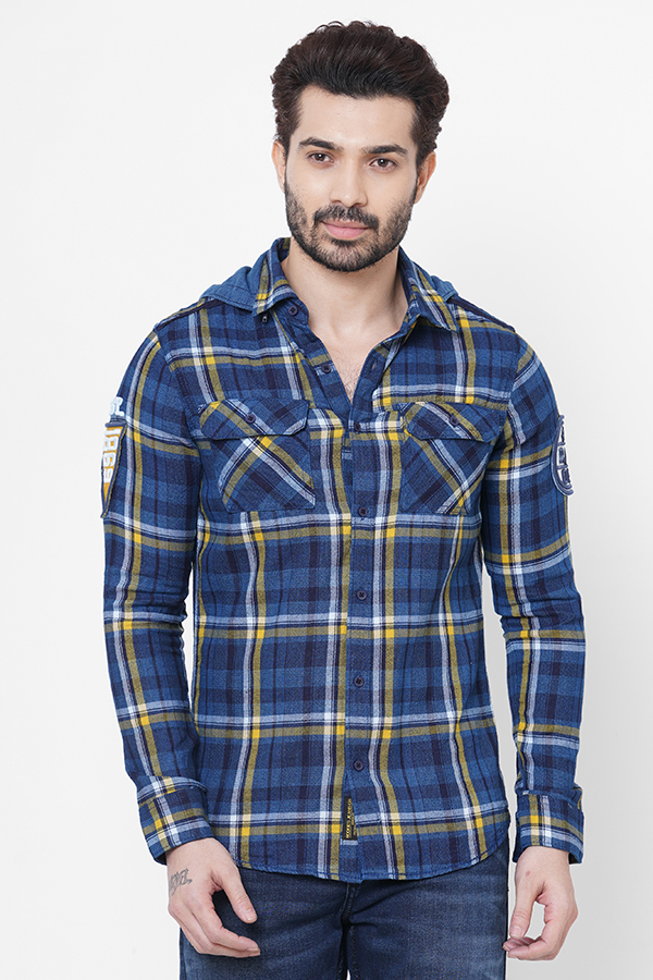 NAVY YELLOW FULL SLEEVE CHECK HOODIE SHIRT