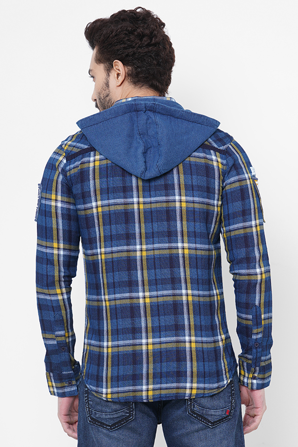 NAVY YELLOW FULL SLEEVE CHECK HOODIE SHIRT