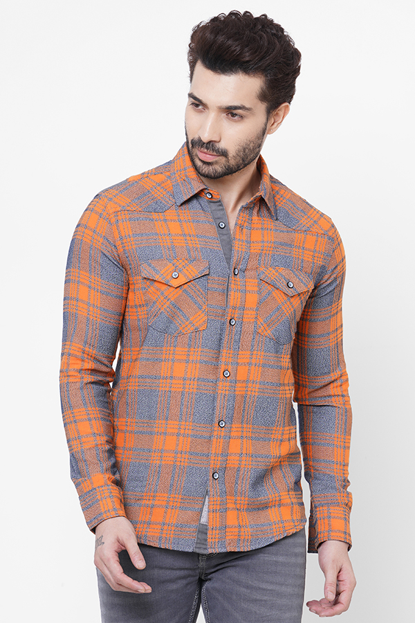 ORANGE GREY FULL SLEEVE CHECK SHIRT