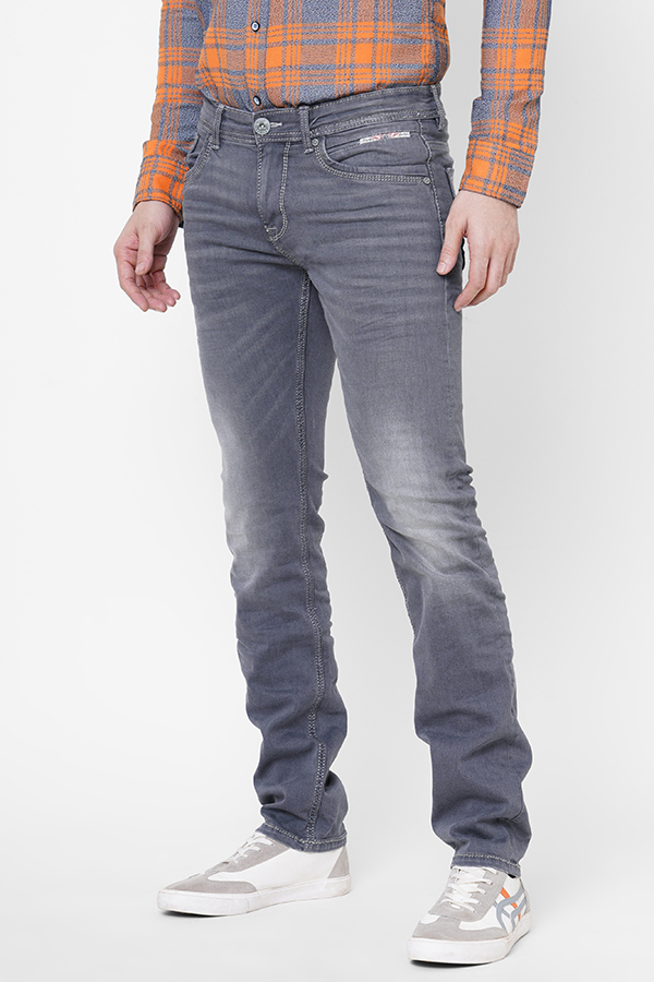 GREY 5 POCKET MID-RISE NARROW FIT JEANS