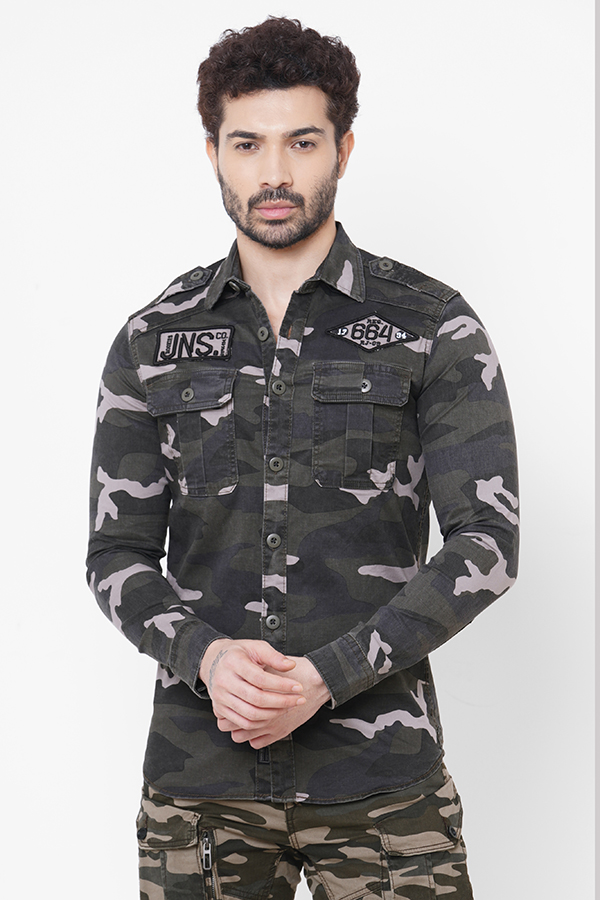 KHAKI FULL SLEEVE CAMO PRINT SHACKET SHIRT