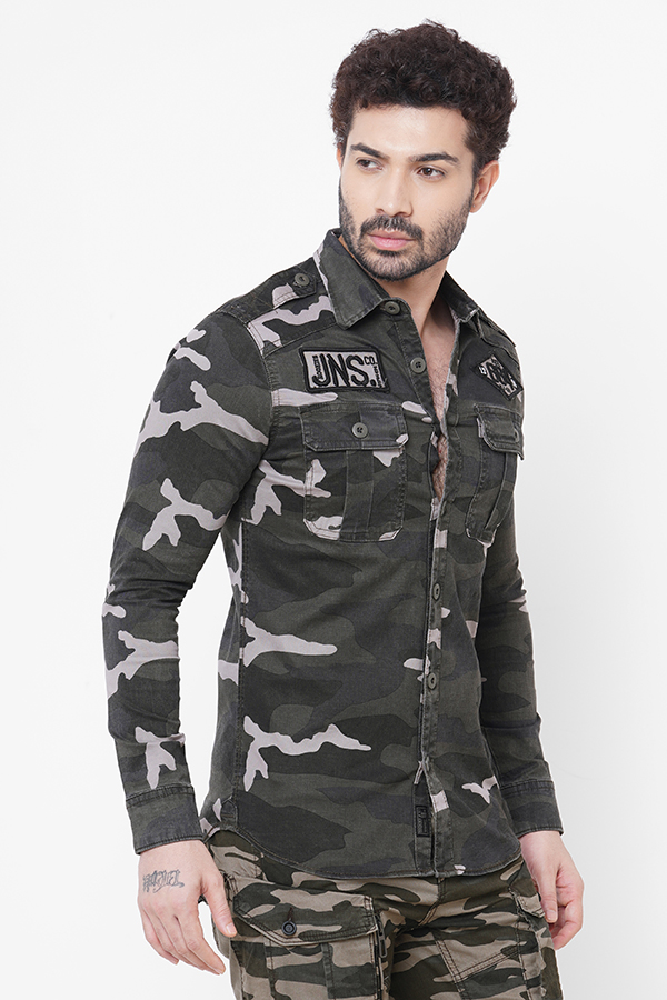 KHAKI FULL SLEEVE CAMO PRINT SHACKET SHIRT