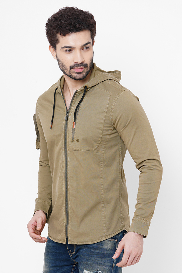 KHAKI FULL SLEEVE COTTON HOODIE SHACKET SHIRT