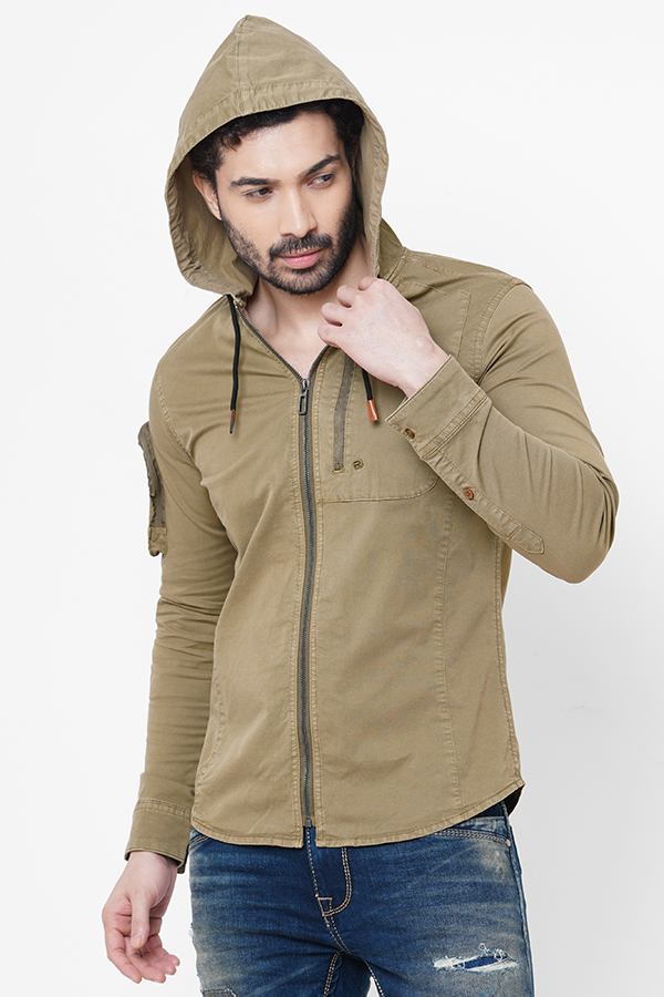 KHAKI FULL SLEEVE COTTON HOODIE SHACKET SHIRT