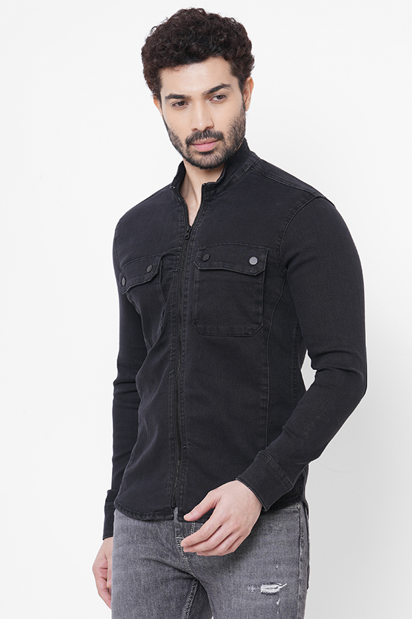 BLACK FULL SLEEVE DENIM ZIPPER SHACKET SHIRT