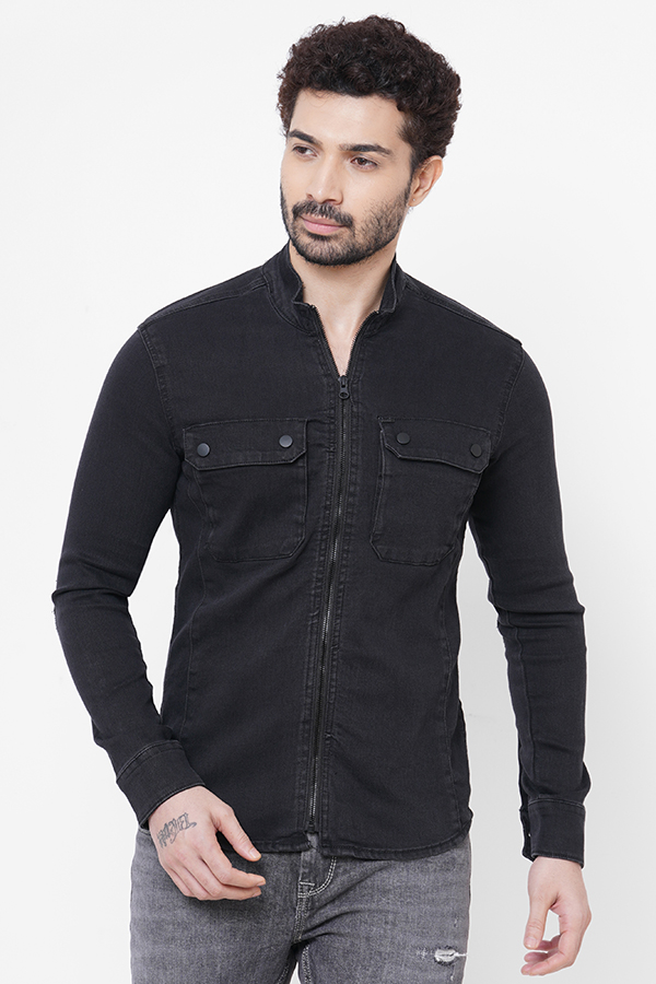 BLACK FULL SLEEVE DENIM ZIPPER SHACKET SHIRT